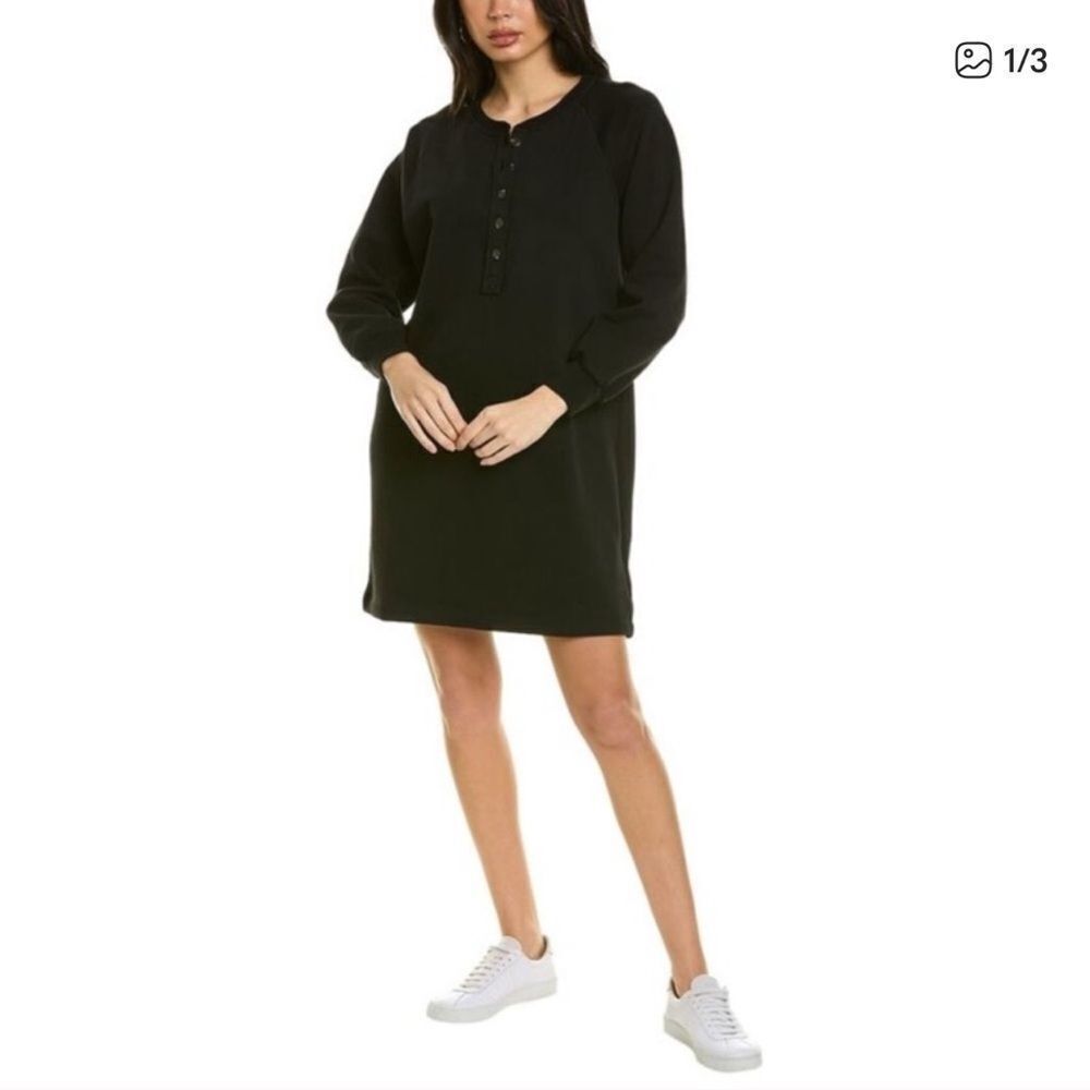 Lilla P Black Long Sleeve Henley Sweatshirt Dress Medium Cotton Button Front